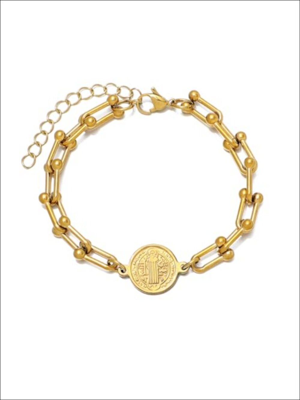 18K Gold Plated Stainless Steel St Benedict Link Bracelet Catholic Religious